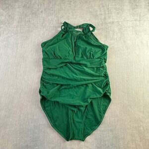 Emerald Green High Neck Ruched One Piece Swimsuit Mesh Insert Size XXXL S001